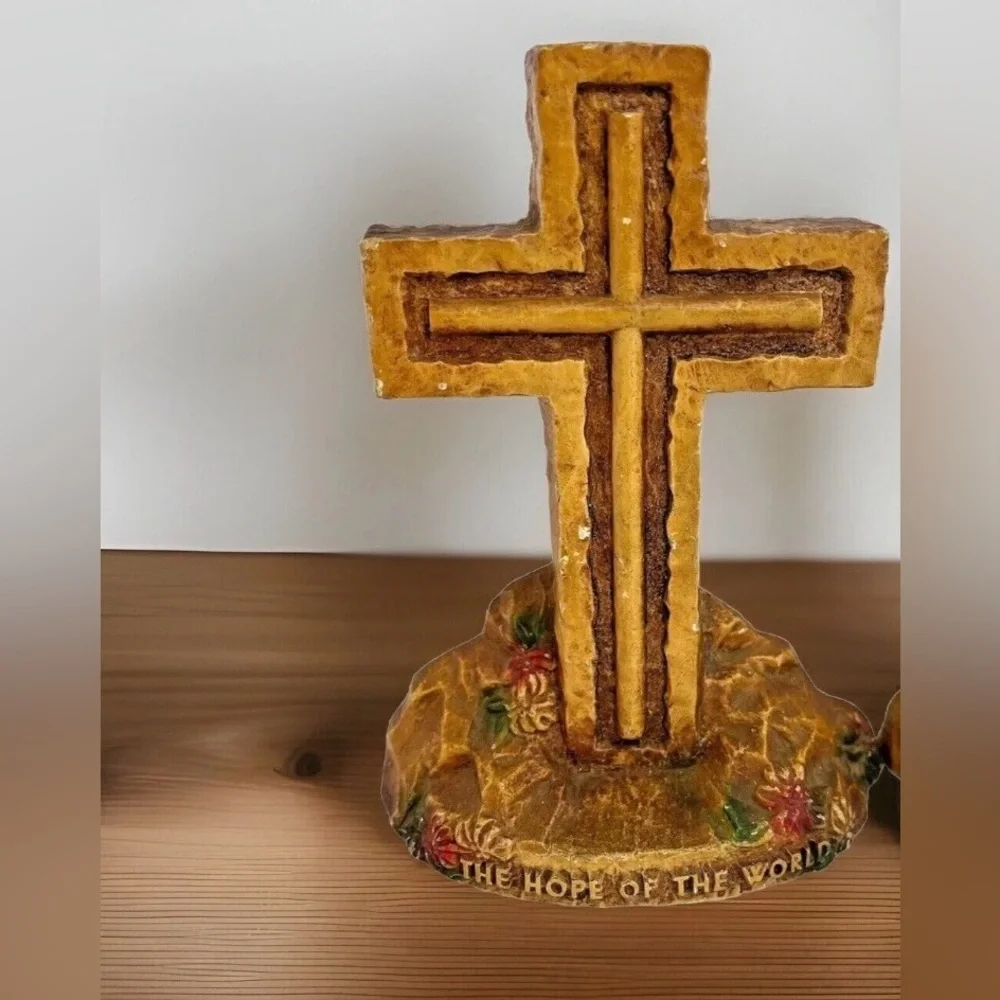 Cross Bookends OOAK Boho Rustic Cottage Jesus Religious Hope Of The World  Vtg
